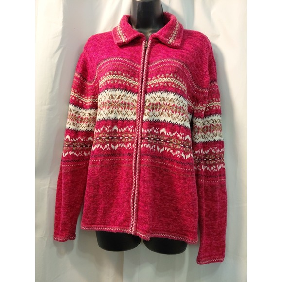Tiara Sweaters - Tiara Vintage Fair Isle Zip Up Knit Sweater Dark Pink Size L